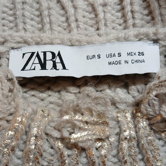 ZARA Wheat with Metallic Gold Shimmer Wool Blend Crop Crew Cable Knit Sweater - Picture 8 of 12